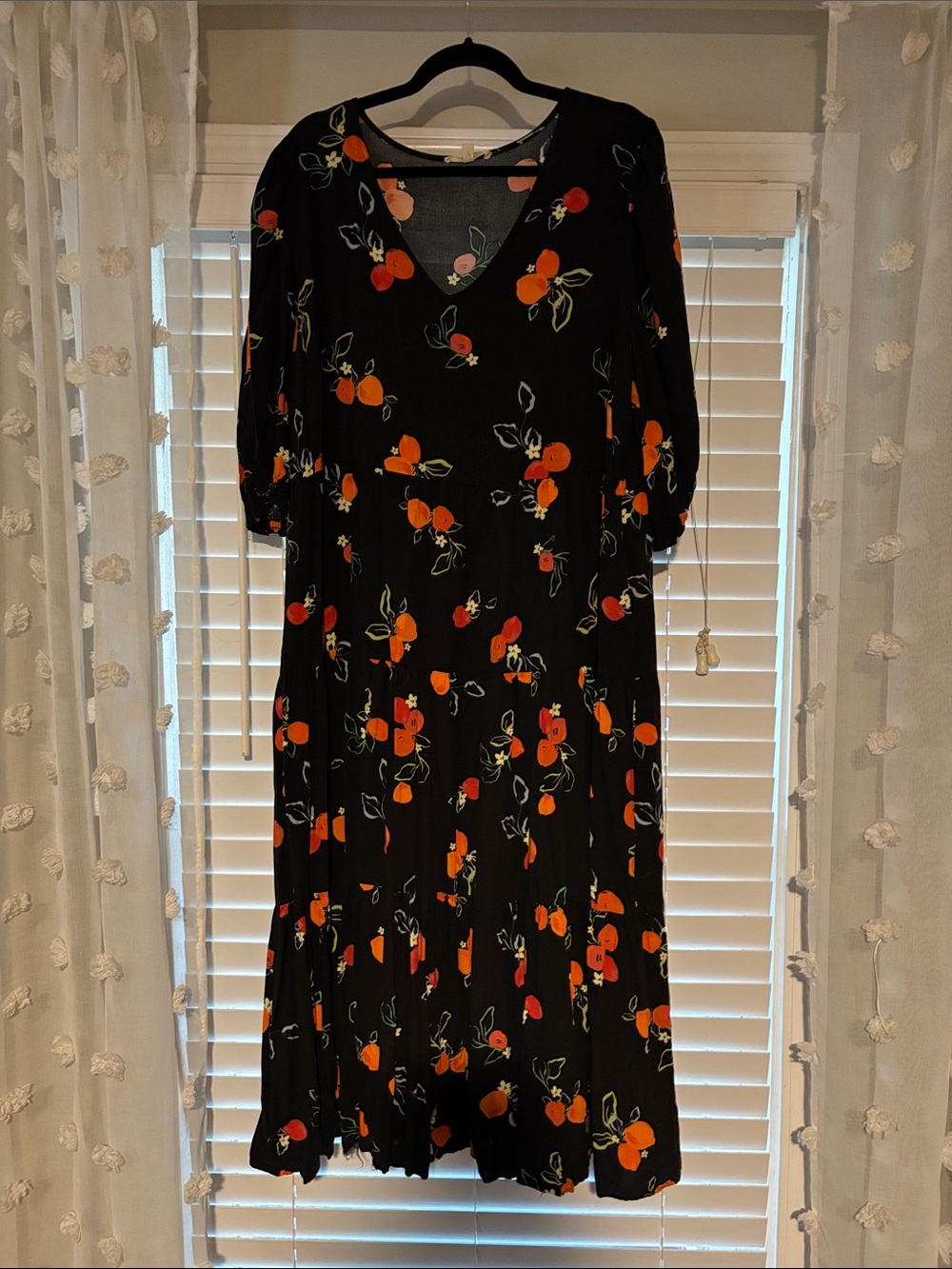 loralette Black V-Neck Midi Dress with Orange Floral Print